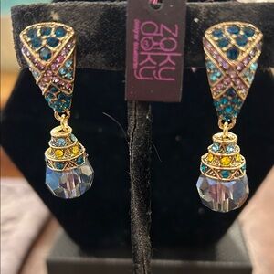 Stunning Blue & Lavender Antiqued Gold Drop Crystal Earrings-NWT